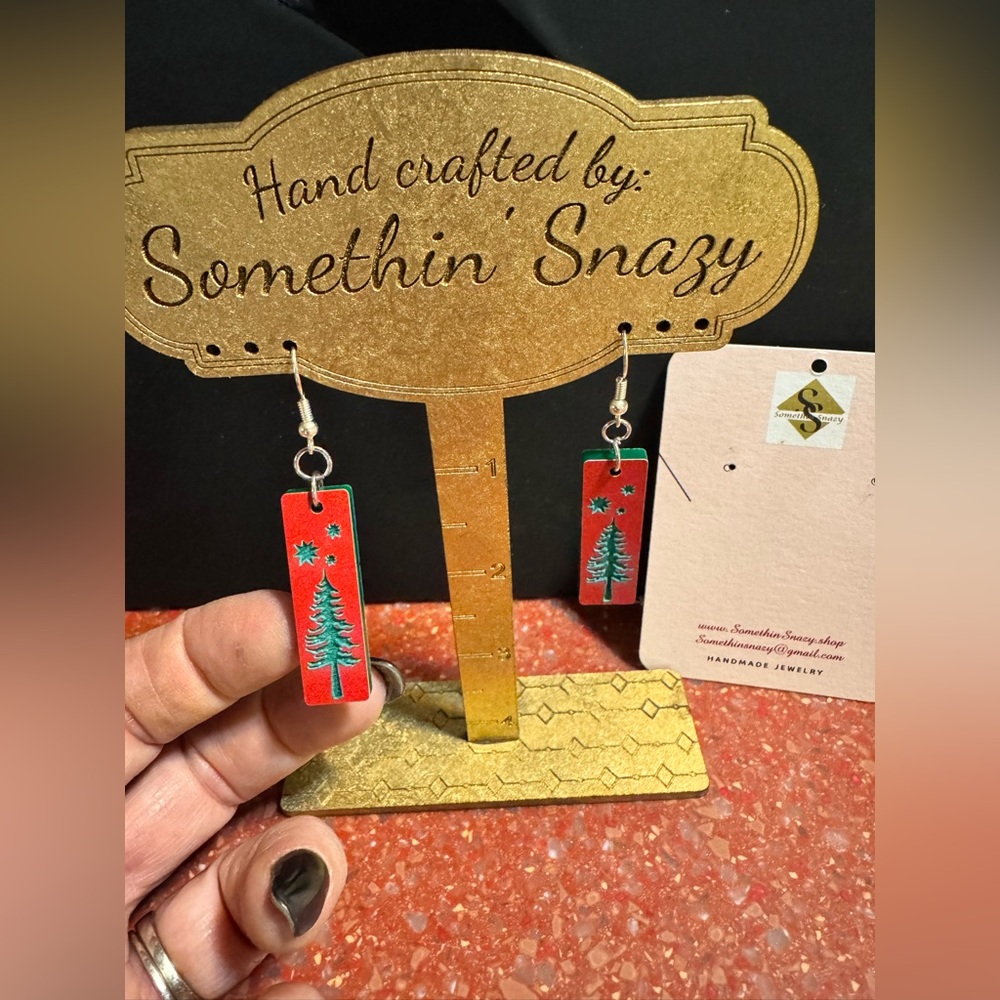Handmade Wood Red Christmas Tree Earrings NEW